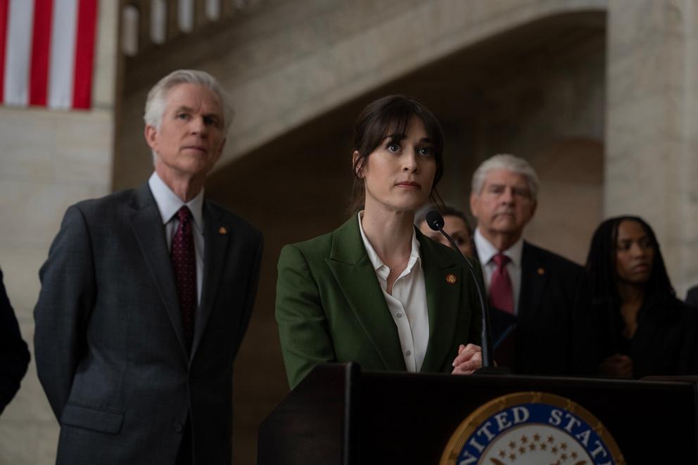 PHOTO: Matthew Modine as Richard Dreyer, left, and Lizzy Caplan as Alexandra Mullen, center, are seen in a still from the Netflix series "Zero Day." 