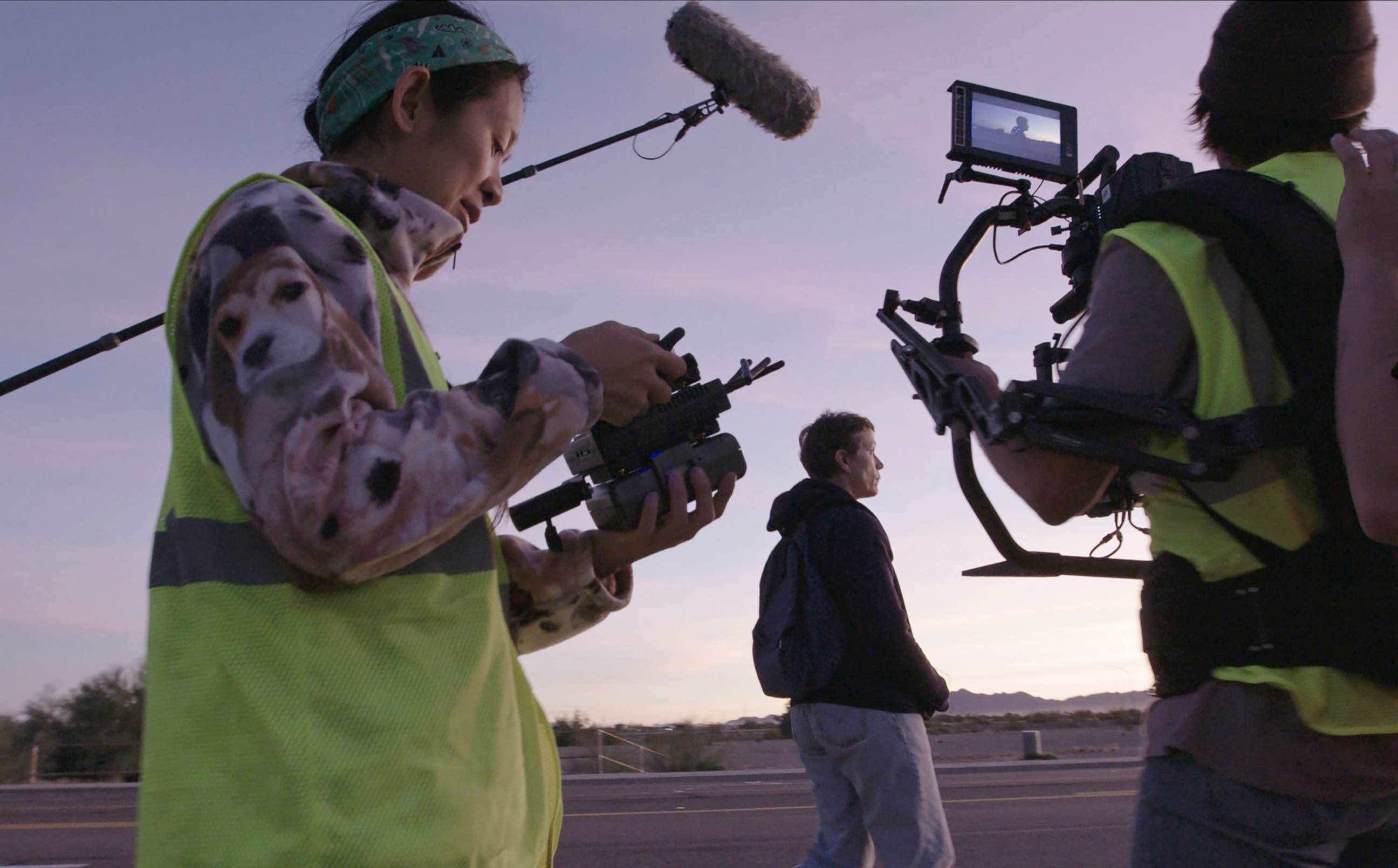 PHOTO: Writer-director Chloe Zhao, left, and Frances McDormand, center, on the set of "Nomadland."
