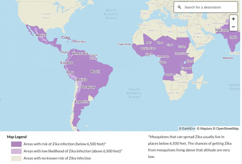 PHOTO: A world map showing areas with risk of Zika from the cdc.gov website.