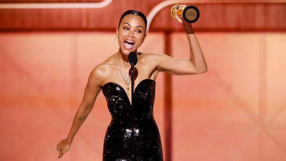 PHOTO: Zoe Saldana accepts the award for Female Supporting Actor - Motion Picture at the 82nd Annual Golden Globe Awards at the 82nd Annual Golden Globe Awards, Jan. 5, 2025, in Beverly Hills, Calif.