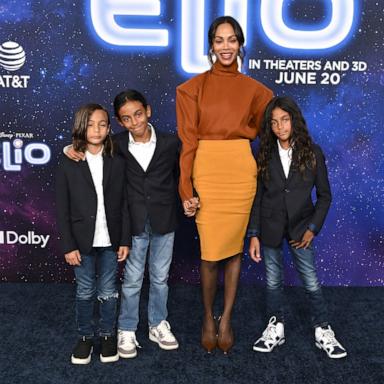 PHOTO: Zoe Saldana and her children twins Cy Arido Perego and Bowie Ezio Perego with Zen Anton Hilario Perego attend the world premiere of Disney and Pixar's "Elio" at the El Capitan Theatre in Los Angeles on June 10, 2025.