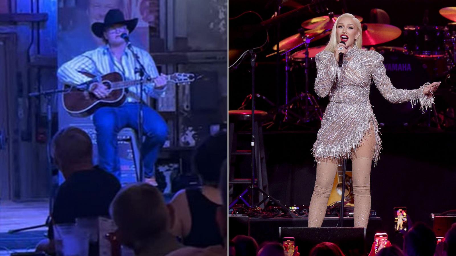 PHOTO: Gwen Stefani's son Zuma performing at Blake Shelton's Ole Red bar in Tishomingo, Oklahoma, on Monday, July 29, 2024. | Gwen Stefani performs onstage during the 27th Annual Power of Love Gala on May 10, 2024, in Las Vegas.