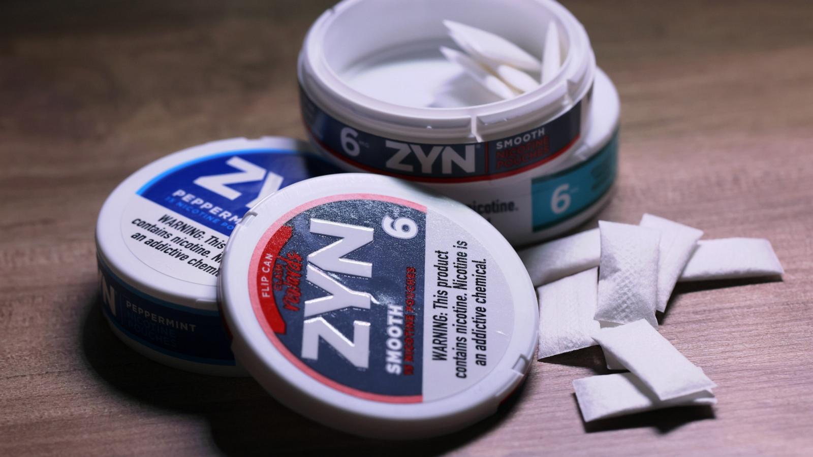 PHOTO: In this photo illustration, ZYN nicotine cases and pouches are seen on a table, Jan. 29, 2024, in New York.