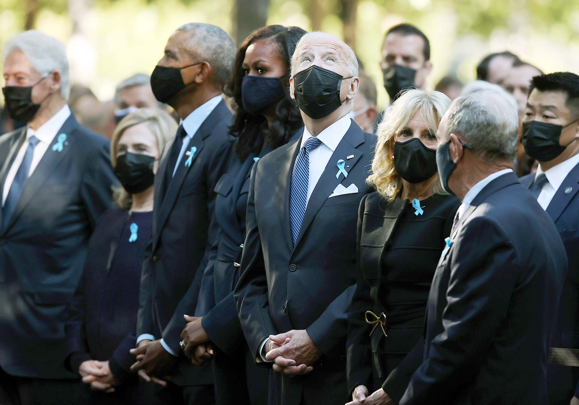 PHOTO: Former President Bill Clinton, former First Lady Hillary Clinton, former President Barack Obama, former First Lady Michelle Obama, President Joe Biden and First Lady Jill Biden attend the 9/11 Commemoration Ceremony in New York, Sept. 11, 2021.