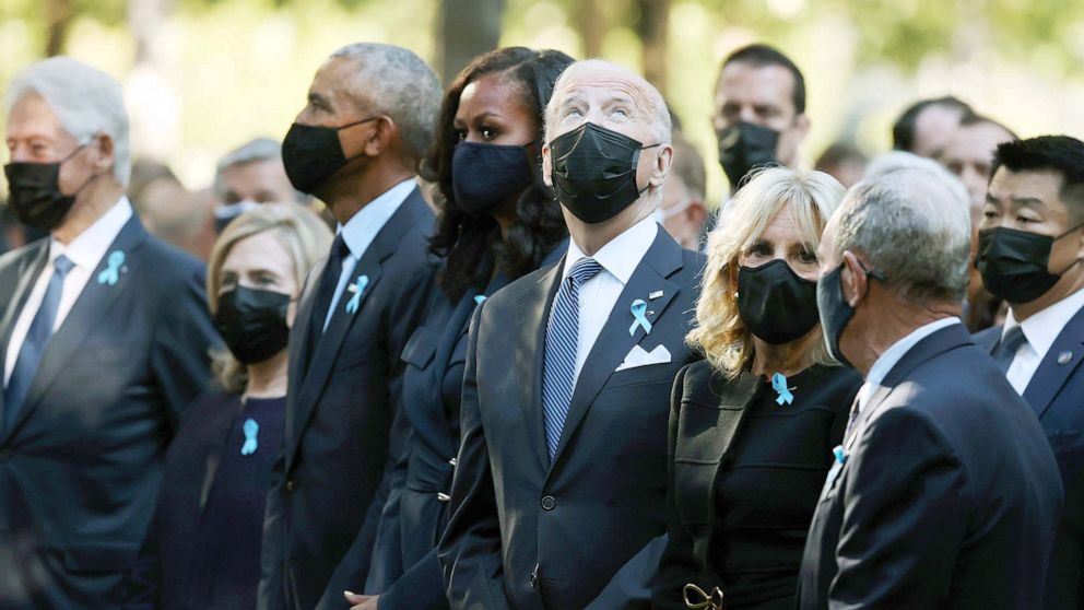PHOTO: Former President Bill Clinton, former First Lady Hillary Clinton, former President Barack Obama, former First Lady Michelle Obama, President Joe Biden and First Lady Jill Biden attend the 9/11 Commemoration Ceremony in New York, Sept. 11, 2021.