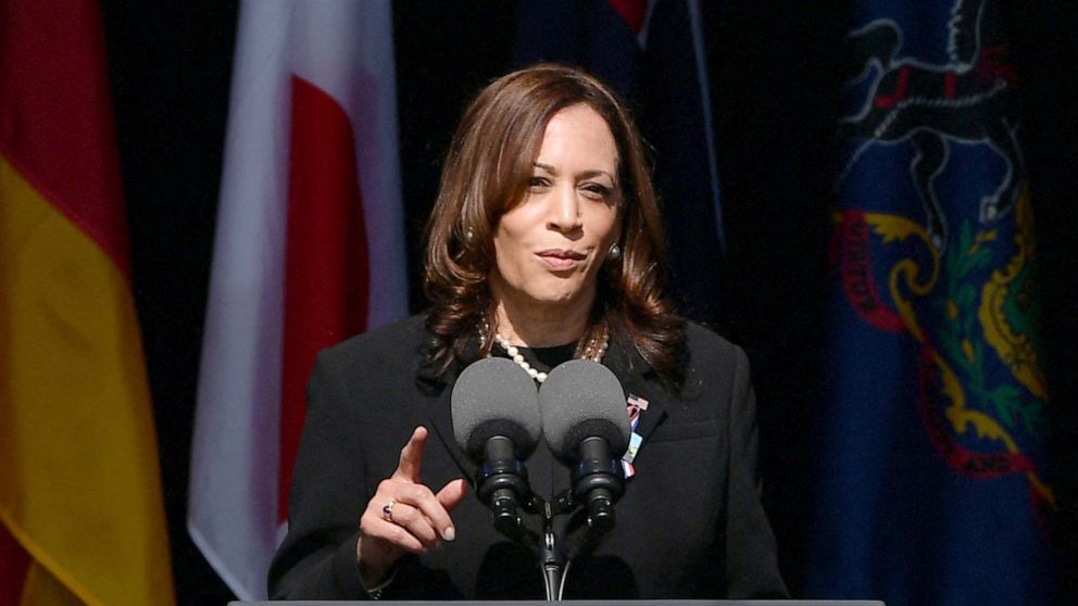 PHOTO: Vice President Kamala Harris speaks during a 9/11 commemoration at the Flight 93 National Memorial in Shanksville, Pa., Sept. 11, 2021.