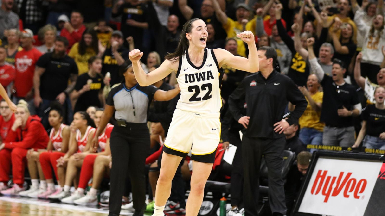 PHOTO: Caitlin Clark of the Iowa Hawkeyes celebrates after breaking Pete Maravich's all-time NCAA scoring record during the first half against the Ohio State Buckeyes in Iowa City, IA, Mar. 3, 2024.