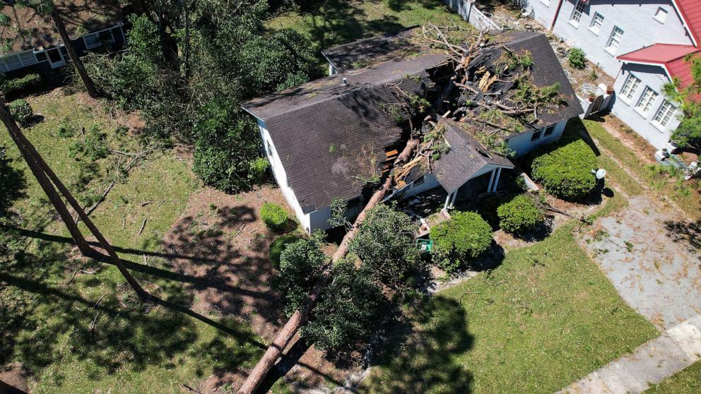 PHOTO: An aerial picture shows storm damage in the aftermath of Hurricane Helene in Valdosta, Ga., Sept. 28, 2024. 