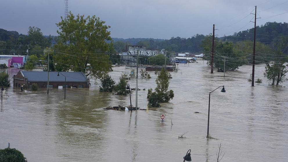 PHOTO: Flood waters from the French Broad River cover the River Arts District in Asheville, NC, Sept. 28, 2024.