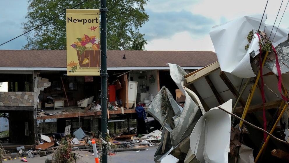 PHOTO: A flood damaged building and debris left by tropical depression Helene is seen in Newport, Tenn., Sept. 28, 2024. 