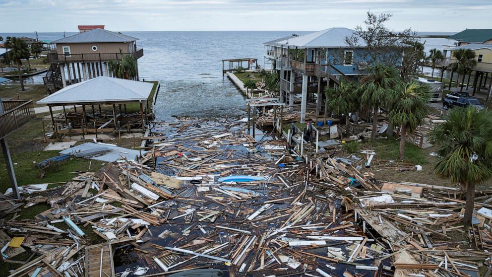 PHOTO: A drone view shows a flooded and damaged area following Hurricane Helene in Horseshoe Beach, Fla., Sept. 28, 2024.  