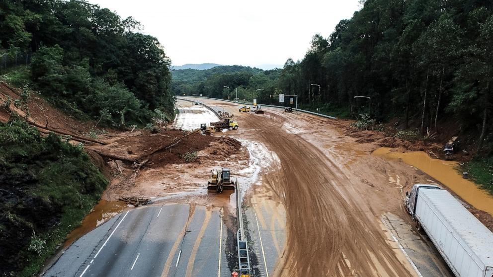 PHOTO: A handout photo made available by the North Carolina Division of Aviation showing flood damage caused by the storm that started as Hurricane Helene along Interstate 40 in Black Mountain, NC,  Sept. 29, 2024. 