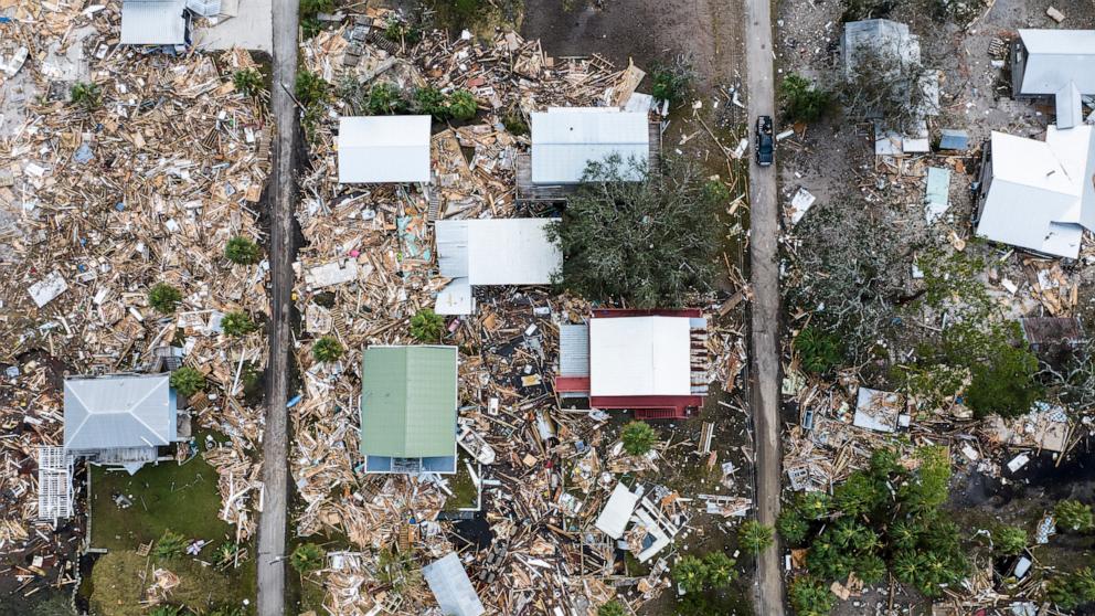 PHOTO: An aerial view of damaged houses are seen after Hurricane Helene made landfall in Horseshoe Beach, Fla., Sept. 28, 2024. 