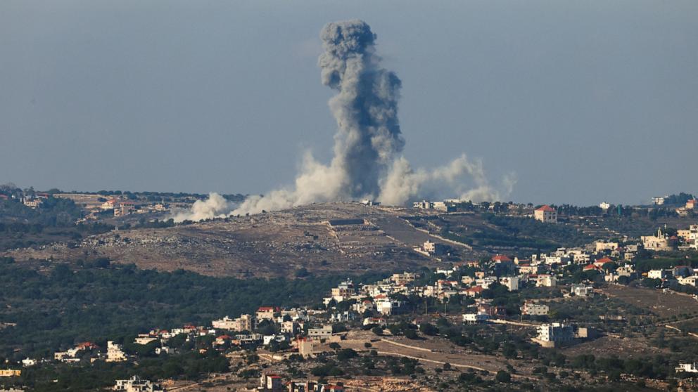 PHOTO: Smoke billows after Israeli Air Force air strikes in southern Lebanon villages, amid cross-border hostilities between Hezbollah and Israel, as seen from northern Israel, Sept. 29, 2024.