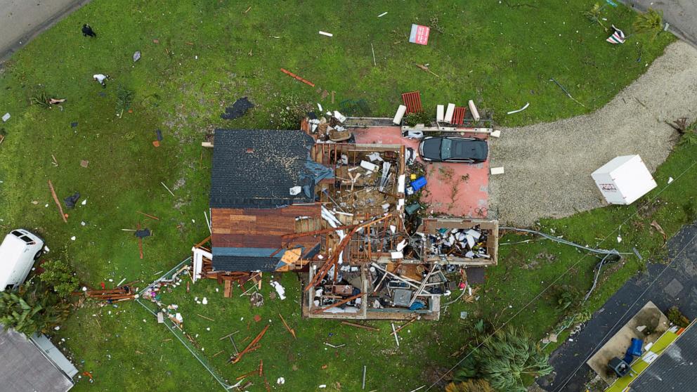 PHOTO: A drone view shows a house destroyed by a tornado as Hurricane Milton approaches Fort Myers, Fla., Oct. 9, 2024. 