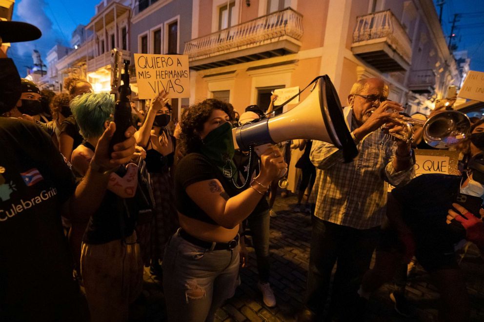 PHOTO: Feminist protest in front of the Governor residence in order to protest and demand justice for the most recent feminiced against Keishla RodrÃ­guez and Andrea Ruiz Costas. (Photo by Alejandro Granadillo/NurPhoto via Getty Images)