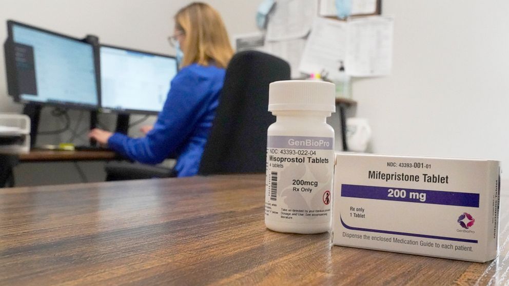 PHOTO: A Nurse Practitioner works in an office at a Planned Parenthood clinic as containers of the medication used to end an early pregnancy sits on a table in Fairview Heights, Ill., Oct. 29, 2021.