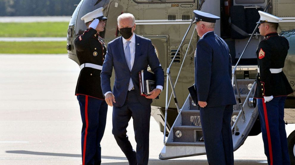 PHOTO: President Joe Biden steps off Marine One upon arrival at Delaware Air National Guard Base in New Castle, Del. on Aug. 12, 2021.