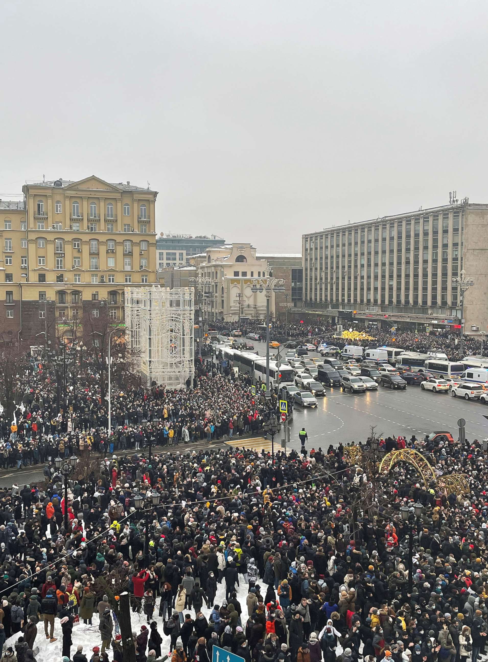 PHOTO: People attend a rally in support of jailed Russian opposition leader Alexey Navalny in Moscow, Russia Jan. 23, 2021.