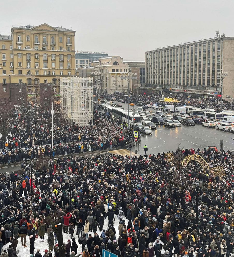PHOTO: People attend a rally in support of jailed Russian opposition leader Alexey Navalny in Moscow, Russia Jan. 23, 2021.