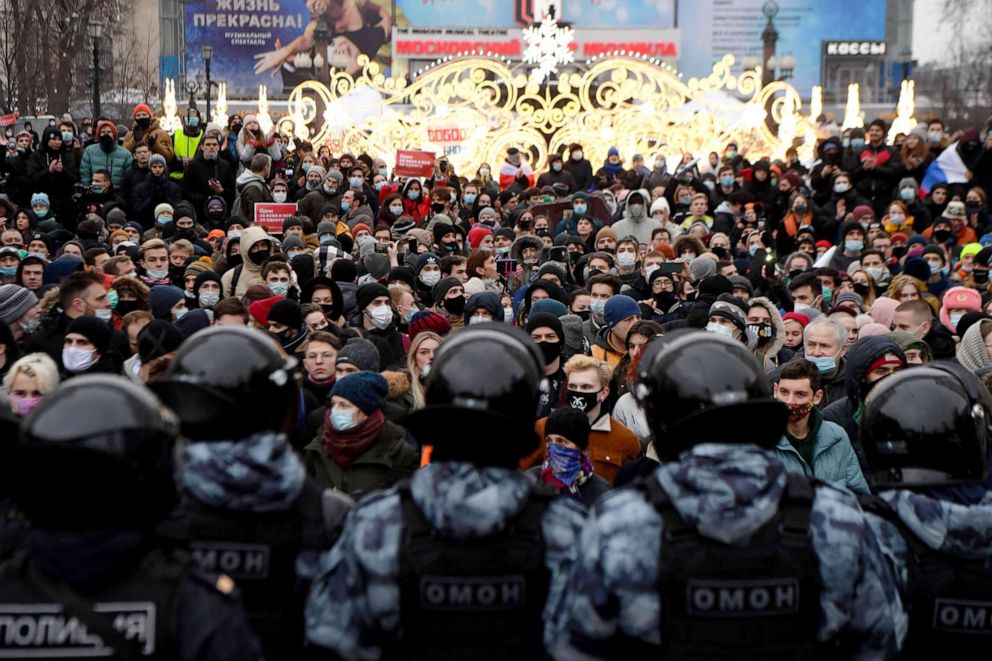 PHOTO: People attend a rally in support of jailed opposition leader Alexey Navalny in downtown Moscow on Jan. 23, 2021.