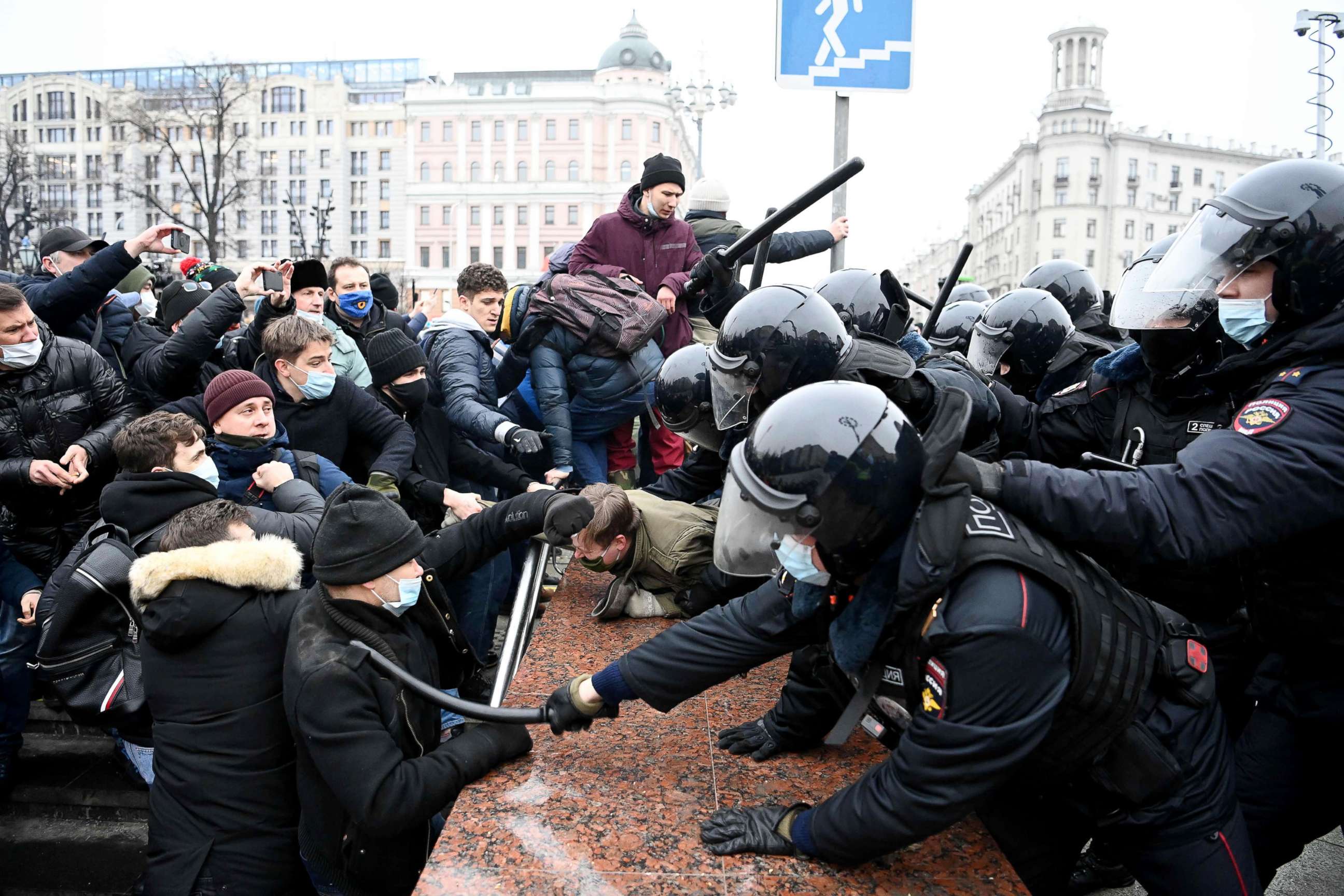 PHOTO: Protesters clash with riot police during a rally in support of jailed opposition leader Alexey Navalny in downtown Moscow on Jan. 23, 2021. 