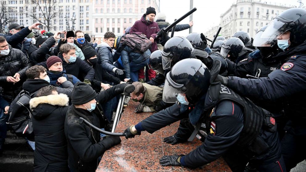 PHOTO: Protesters clash with riot police during a rally in support of jailed opposition leader Alexey Navalny in downtown Moscow on Jan. 23, 2021. 
