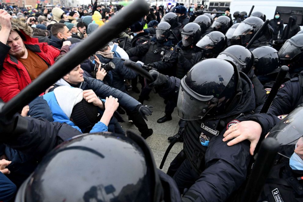 PHOTO: Protesters clash with riot police during a rally in support of jailed opposition leader Alexey Navalny in downtown Moscow, Jan. 23, 2021.