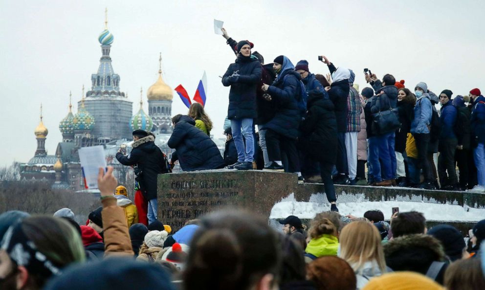 PHOTO: People gather to protest against the jailing of opposition leader Alexey Navalny in St.Petersburg, Russia, Jan. 23, 2021. 