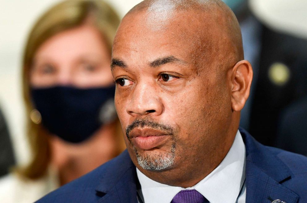 PHOTO: Assembly Speaker Carl Heastie speaks to reporters during a news conference about the next steps in its impeachment investigation of Gov. Andrew Cuomo following multiple allegations of sexual harassment in Albany N.Y., Aug. 9, 2021. 