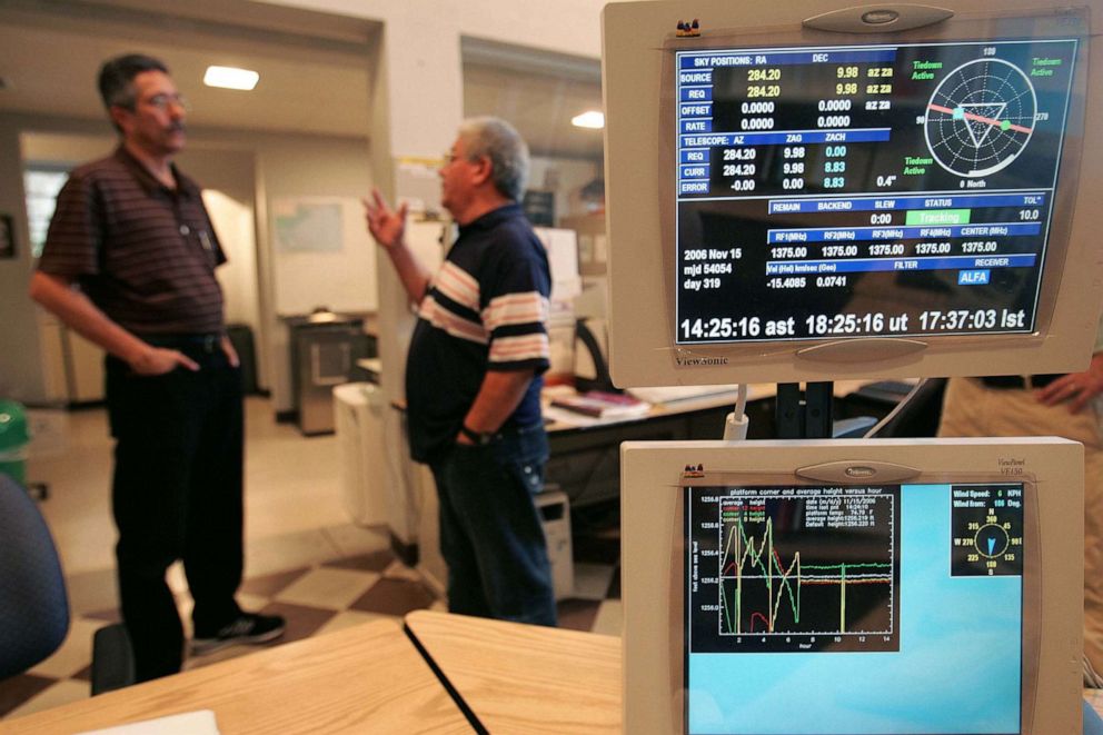 PHOTO: Scientists have a conversation near computer monitors showing position and data from the world's largest radio telescope, located just outside, at the National Astronomy and Ionosphere Center, in Arecibo, Puerto Rico, Nov. 16, 2006.