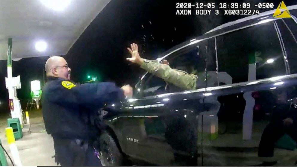 PHOTO: In this image made from Windsor, Va. Police video, A police officer uses a spray agent on Caron Nazario on Dec. 20, 2020, in Windsor, Va. 