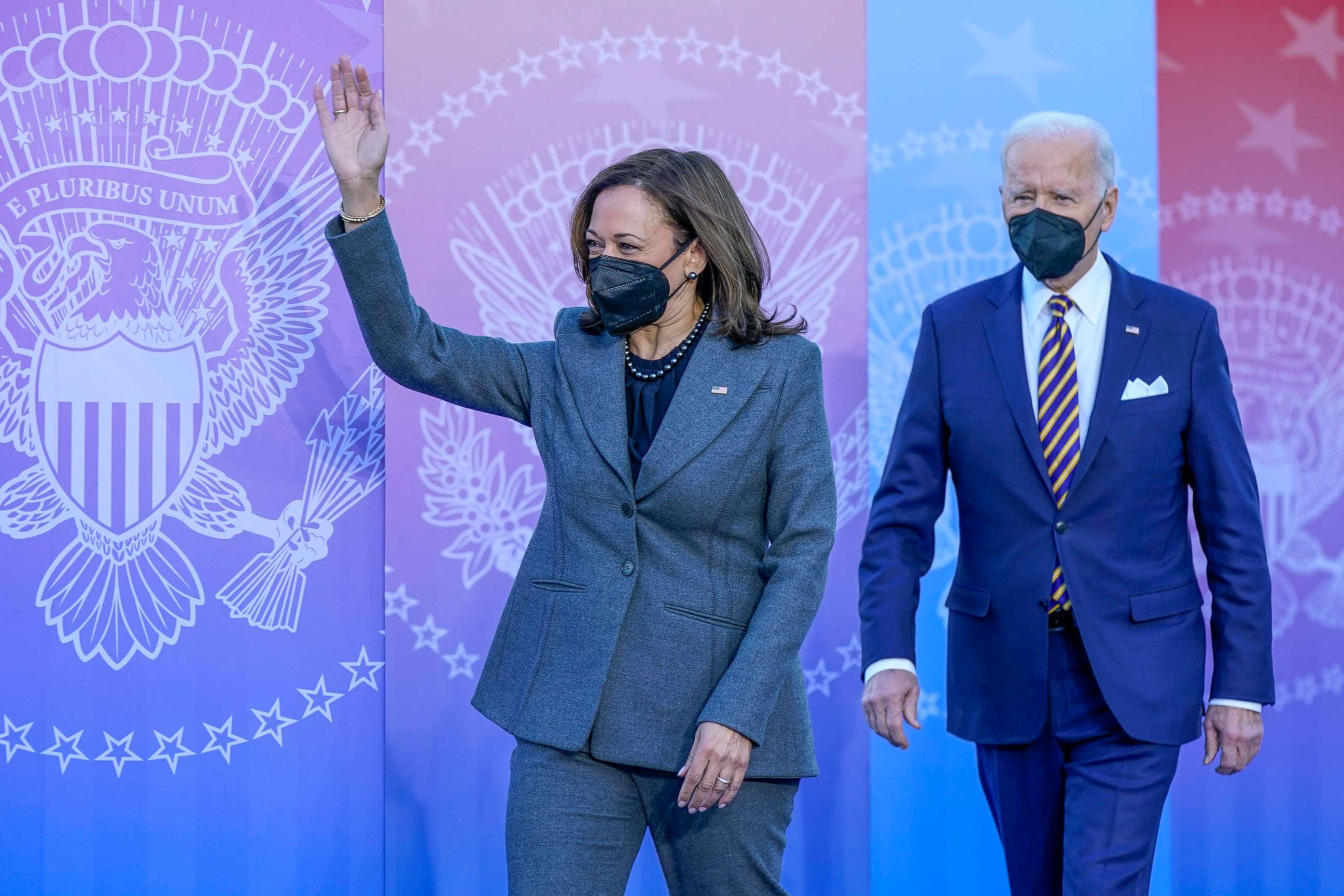 PHOTO: Vice President Kamala Harris and President Joe Biden arrive to speak in support of changing the Senate filibuster rules that have stalled voting rights legislation, Atlanta, Jan. 11, 2022.