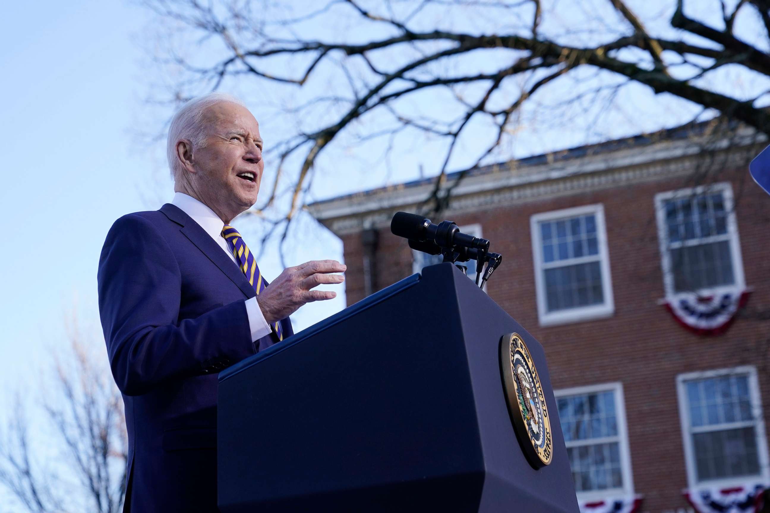 PHOTO: President Joe Biden speaks in support of changing the Senate filibuster rules that have stalled voting rights legislation, at Atlanta University Center Consortium, on the grounds of Morehouse College and Clark Atlanta University, Jan. 11, 2022.