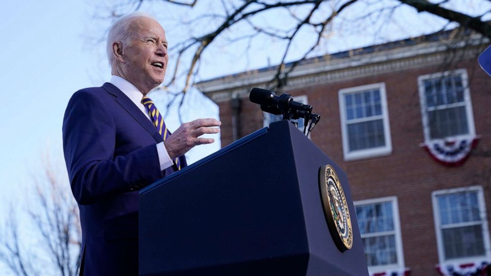 PHOTO: President Joe Biden speaks in support of changing the Senate filibuster rules that have stalled voting rights legislation, at Atlanta University Center Consortium, on the grounds of Morehouse College and Clark Atlanta University, Jan. 11, 2022.