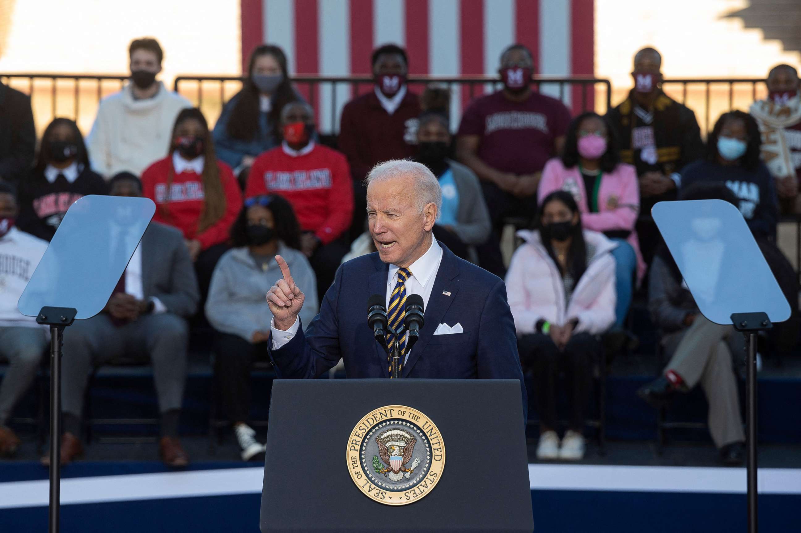 PHOTO: President Joe Biden speaks about the constitutional right to vote at the Atlanta University Center Consortium in Atlanta, Jan. 11, 2022. 