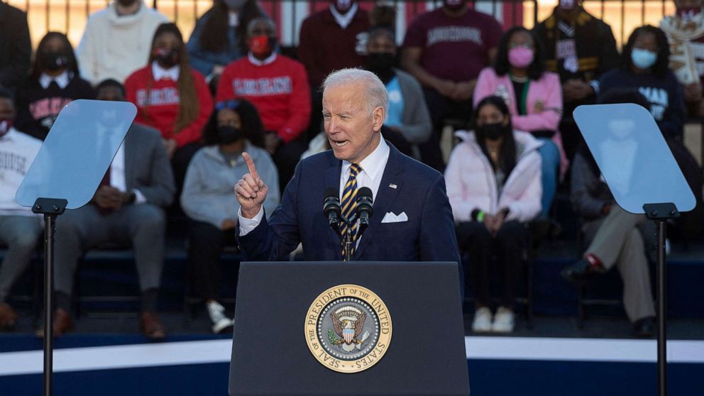 PHOTO: President Joe Biden speaks about the constitutional right to vote at the Atlanta University Center Consortium in Atlanta, Jan. 11, 2022. 