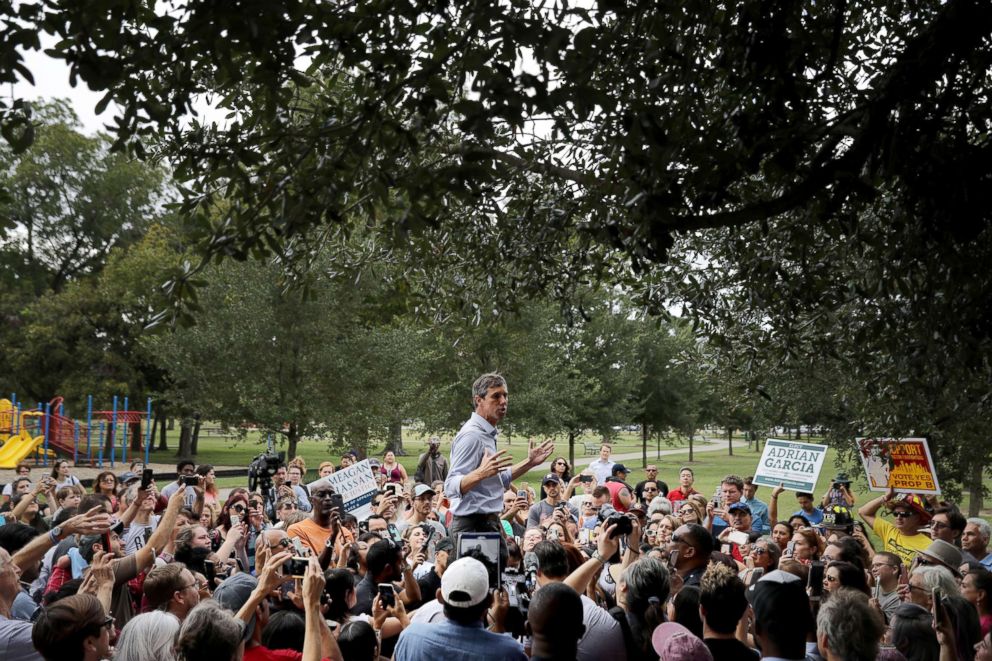 PHOTO: Senate candidate Rep. Beto O'Rourke is surrounded by supporters as he gives a speech during a campaign stop at Moody Park, Oct. 30, 2018, in Houston, Texas.