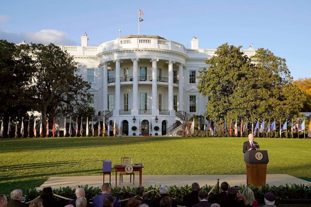 PHOTO: President Joe Biden speaks before signing the "Infrastructure Investment and Jobs Act" during an event on the South Lawn of the White House, Nov. 15, 2021.