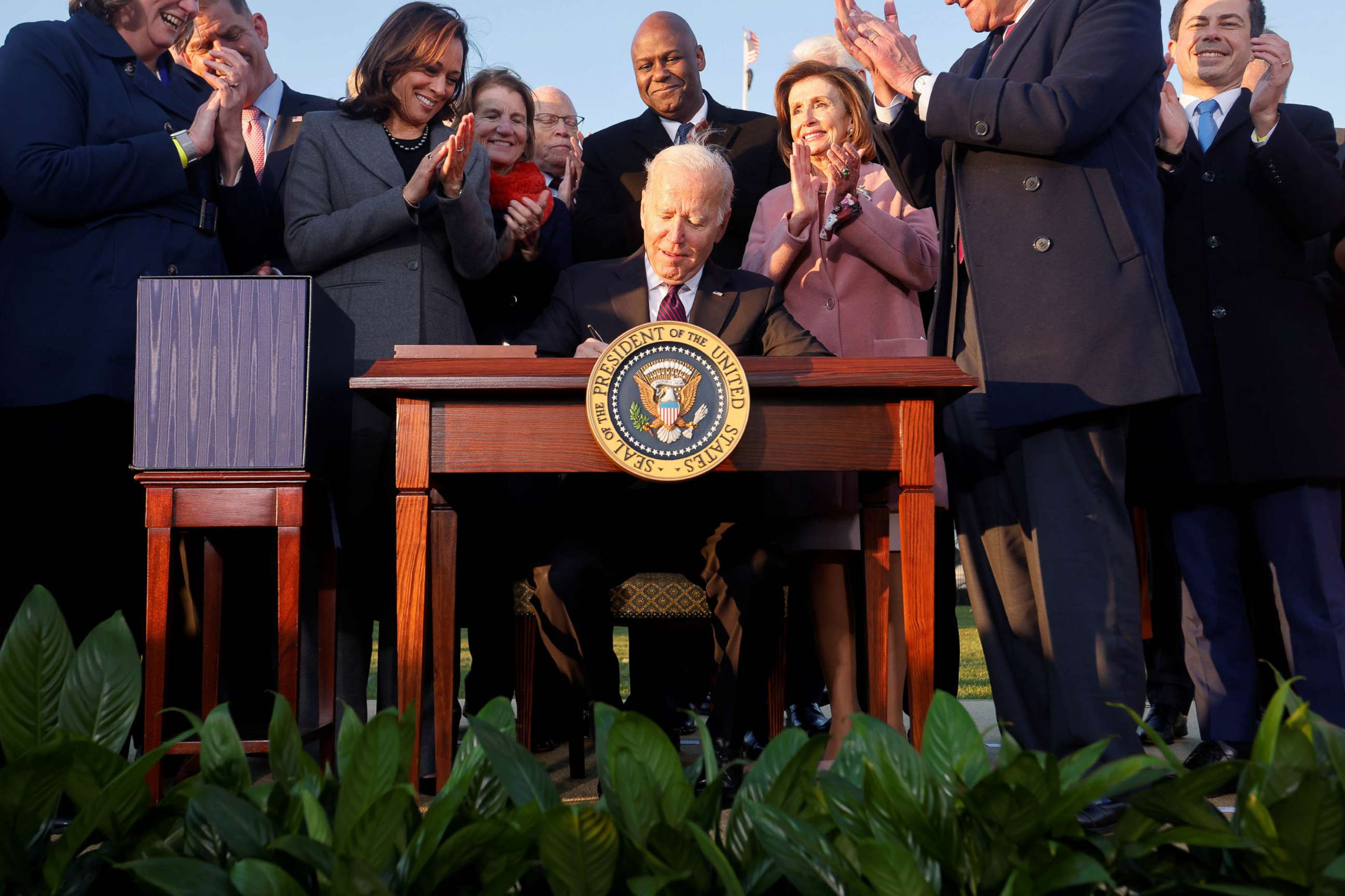 PHOTO: President Joe Biden signs the "Infrastructure Investment and Jobs Act" during an event on the South Lawn of the White House,Nov. 15, 2021.
