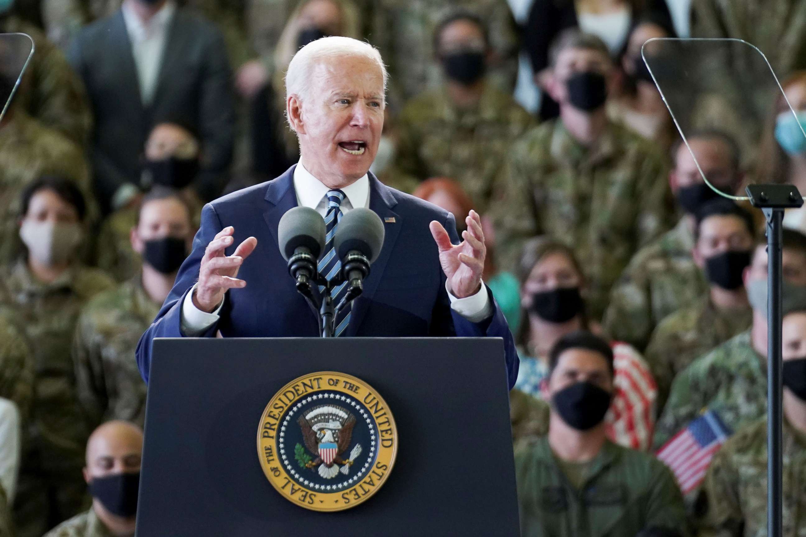 PHOTO:President Joe Biden delivers remarks to U.S. Air Force personnel and their families stationed at RAF Mildenhall, England, June 9, 2021.