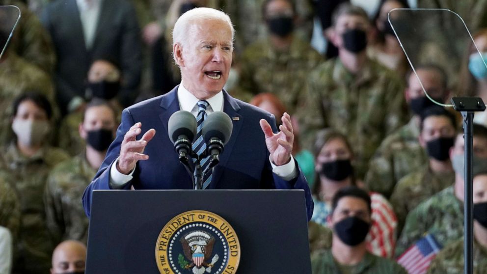 PHOTO:President Joe Biden delivers remarks to U.S. Air Force personnel and their families stationed at RAF Mildenhall, England, June 9, 2021.
