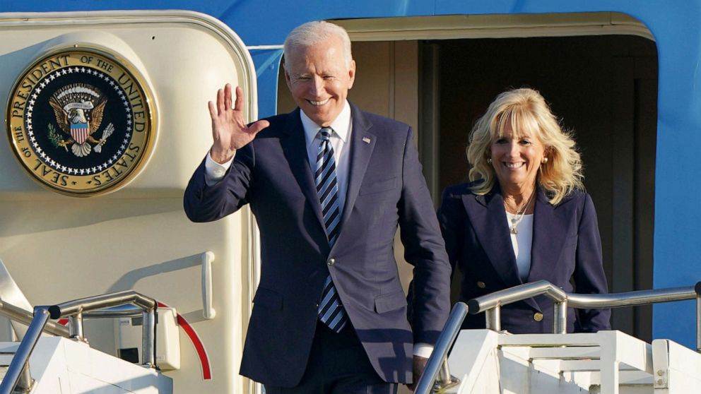 PHOTO: President Joe Biden and First Lady Jill Biden arrive aboard Air Force One at RAF Mildenhall, England, June 9, 2021. 