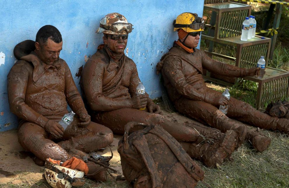 PHOTO: Members of a rescue team react upon returning from the mission, after a tailings dam owned by Brazilian mining company Vale SA collapsed, in Brumadinho, Brazil, Jan. 28, 2019.