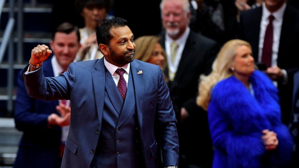 PHOTO: Kash Patel gestures inside the Capital One Arena on the inauguration day of Donald Trump's second presidential term, in Washington, DC, Jan. 20, 2025. 