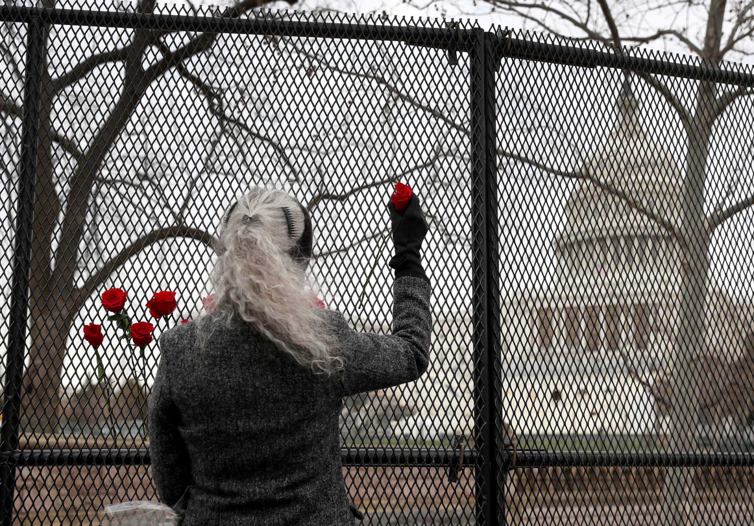 PHOTO: Patty Raine places roses in the fence near the Capitol Building.  Mrs. Raine said she was placing the roses in the fence to represent a gesture of peace among the American people , Jan. 8, 2020.