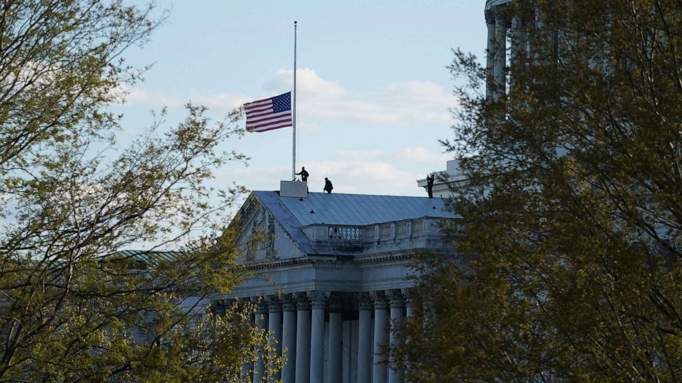 PHOTO: The American flag at the U.S. Capitol flies at half-staff in honor of Capitol Police officer William Evans who was killed after a man rammed a car into two officers at a barricade outside the U.S. Capitol, April 2, 2021.