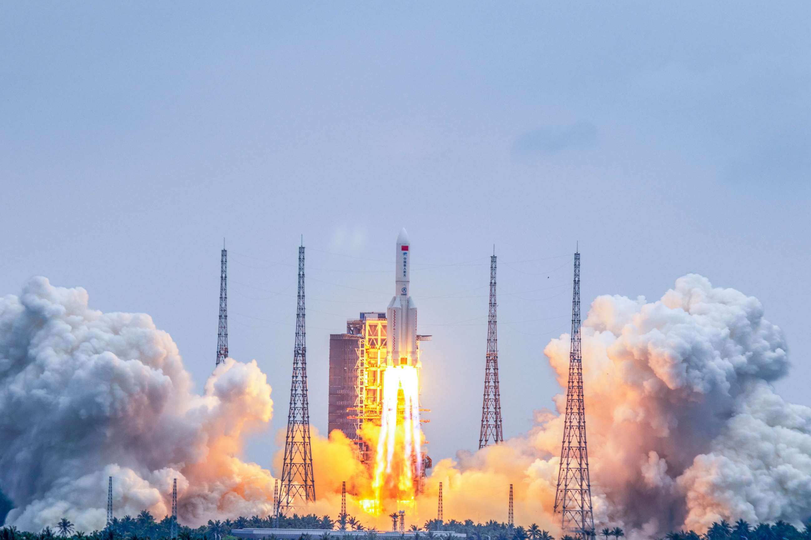 PHOTO: The Long March-5B Y2 rocket carrying the core module of China's space station, Tianhe, blasts off from the Wenchang Spacecraft Launch Site in Wenchang, Hainan Province of China, April 29, 2021. 