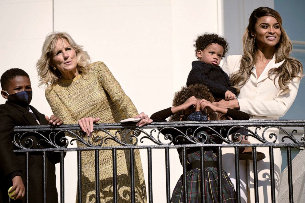 PHOTO: First lady Jill Biden stands with singer Ciara  and Wilson's children, to watch President Joe Biden depart the White House in Washington, Nov. 17, 2021. 