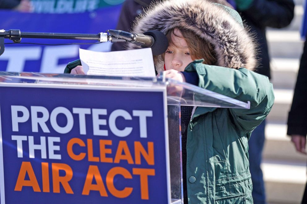 PHOTO: Climate activist Martin Ochoa-Gonzalez speaks in support of the Clean Air Act outside the Supreme Court during a hearing where coal companies and their partisan allies try to gut it and block climate action, in Washington, D.C., Feb. 28, 2022.
